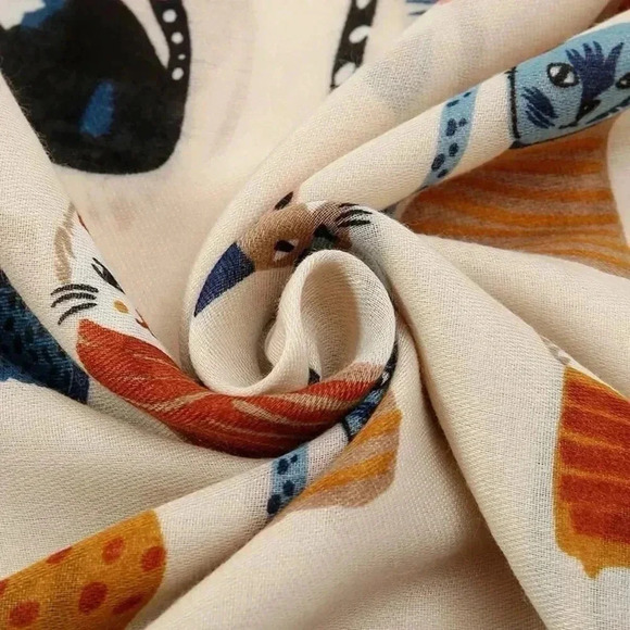 Blue Orange Red Ivory Brown Shawl
Cat Design Fringed Cotton Viscose Neck Scarf - Picture 3 of 3